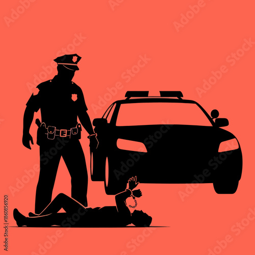 Police Officer Arresting Suspect by Patrol Car.