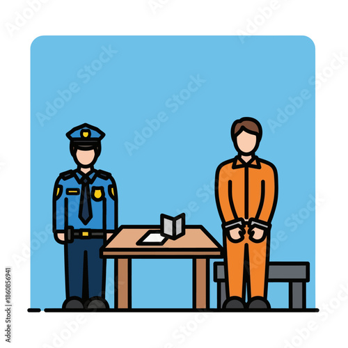 Police Officer Standing with Handcuffed Prisoner.