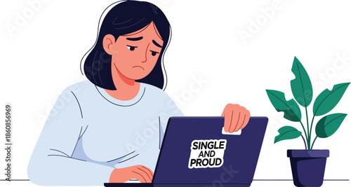 Single and proud woman working on laptop emotional flat vector illustration on transparent background