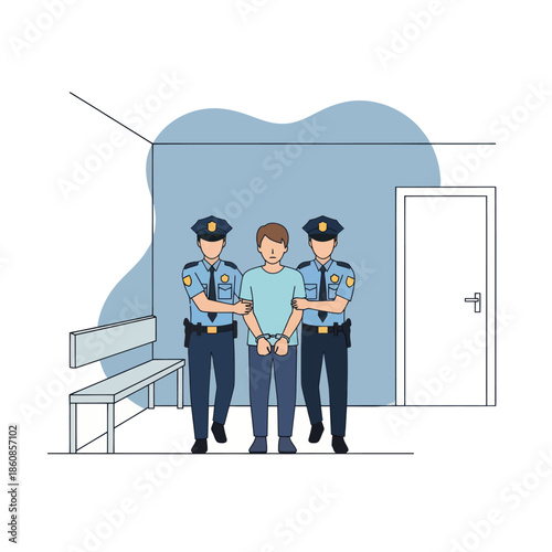 Police Officers Escorting Handcuffed Male Prisoner.