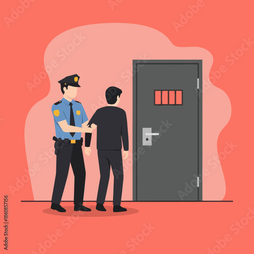 Police Officer Escorting Man Through Doorway.