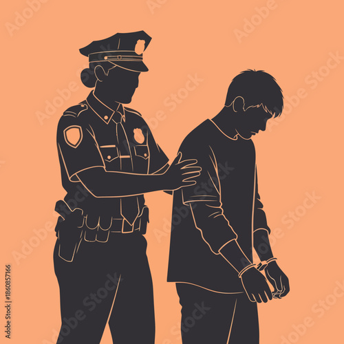 Police Officer Arresting Handcuffed Male Suspect.