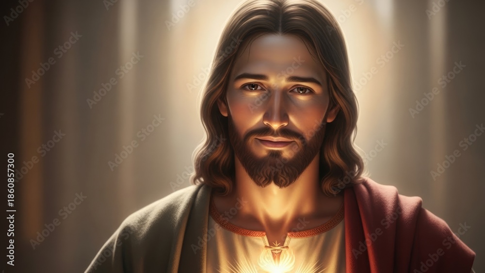Fototapeta premium Man with long hair and beard in an ethereal glow, conceptualizing religious faith and spirituality for Christian themes and inspiration.
