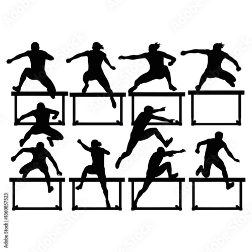 Silhouettes of Athletes Hurdling Over Obstacles in a Race.