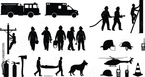 Firefighter silhouette icons set, showing fire truck rescue equipment, emergency response team safety tools, isolated vector illustration on white background