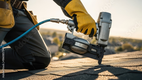 A person using a roofing nail gun on a roof with a blue hose attached to the tool outdoors