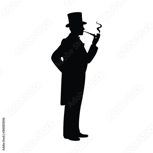 man in a top hat smoking a pipe icon. Silhouette of a man in a top hat smoking a pipe