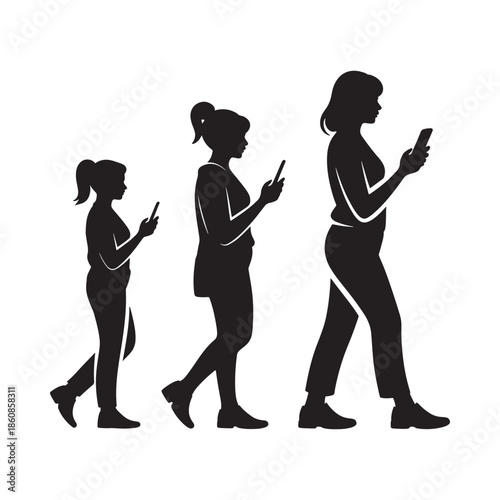 Generational shift women using smartphones depicted in a silhouette progression