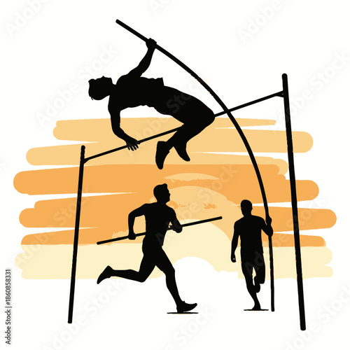 Silhouette of pole vaulters in action, showcasing athleticism and competition.