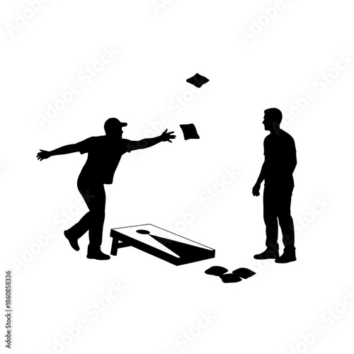 Silhouette of two people playing cornhole with bean bags.