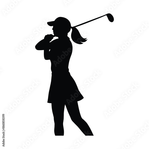Silhouette of a female golfer in mid swing. girl golfer icon.