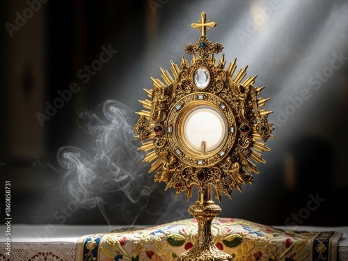 Golden monstrance with the Blessed Sacrament on an embroidered cloth with incense smoke. Catholic eucharistic adoration for religious veneration.