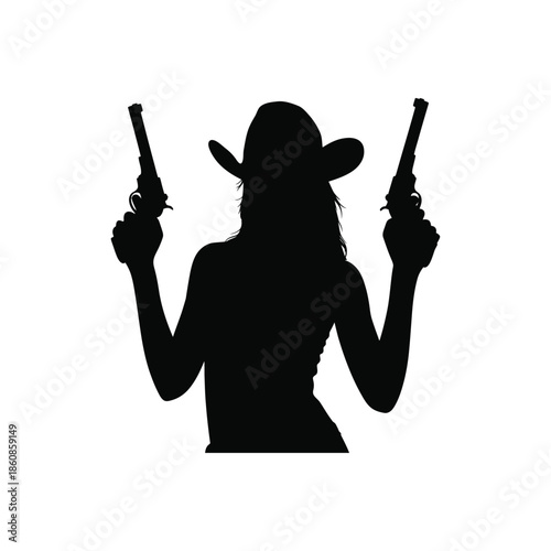 girl with gun. Silhouette of a female cowboy holding two pistols