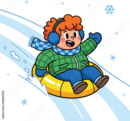Cartoon child with red curly hair joyfully sledding down a snowy hill on a yellow inner tube.