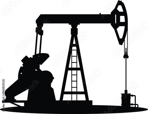 Oil pumpjack silhouette, petroleum drilling rig equipment, industrial energy production concept, crude oil extraction, fossil fuel industry vector illustration, isolated