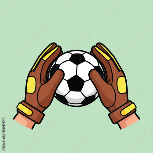 Cartoon goalkeeper hands in brown and yellow gloves holding a classic soccer ball.