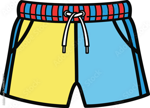 Colorful cartoon swim trunks with yellow and blue legs and a striped waistband.