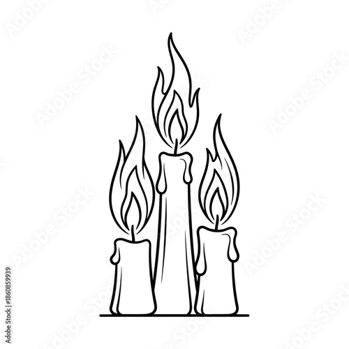 Three lit candles with dripping wax in black and white.