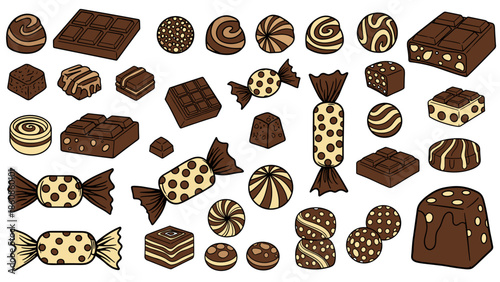 Collection of assorted chocolates and candies with various shapes