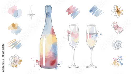 Colorful watercolor illustration of a champagne bottle with glasses
