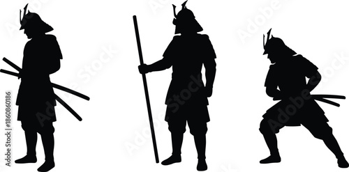 Samurai warrior silhouettes traditional Japanese swordsman poses black vector illustration isolated on white background for history martial arts design branding