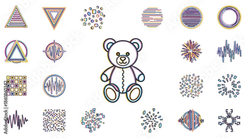 Cute teddy bear sitting with colorful decorative ornaments