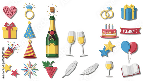 Collection of celebration and party icons including gifts and champagne