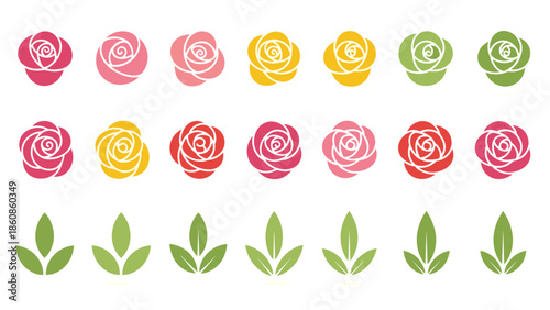 Collection of various colorful roses and green leaves illustrations