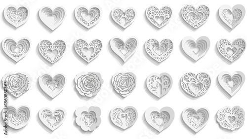 Collection of silver glittery hearts with intricate detailing