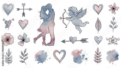 Collection of watercolor cupid hearts flowers and bows illustrations