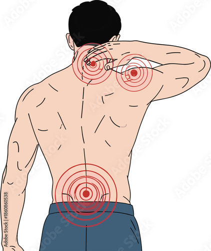 Anatomical Illustration of Male Back with Red Target Circles Indicating Chronic Pain Areas in the Lower Spine Shoulders and Neck Muscles