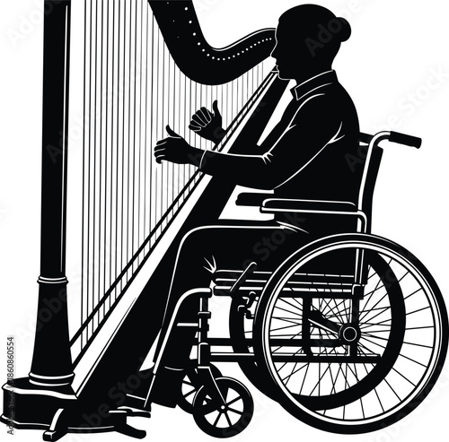 Black and white illustration of disabled musician in wheelchair playing harp, symbolizing inclusivity, accessibility, and artistic expression.