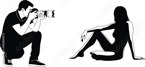 Black and white illustration of photographer capturing model in relaxed pose, symbolizing creative direction and portrait photography session.
