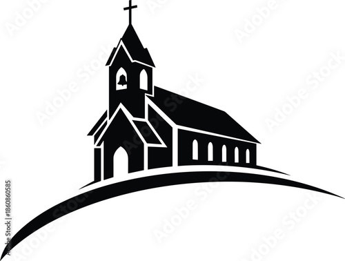 Black and white silhouette of a traditional church with steeple and bell on a hill for religious architecture designs.