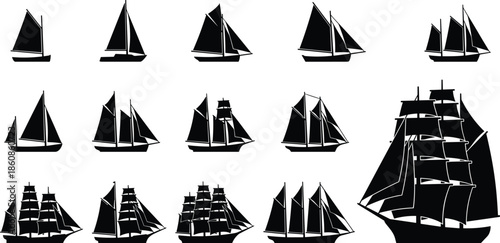 Set of black sailing ship silhouettes, showing sailboats yachts and historic tall ships, isolated on white background maritime nautical illustration