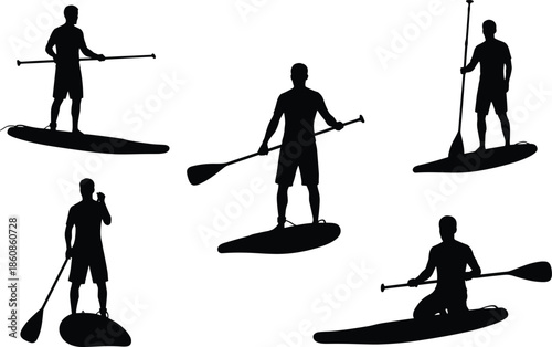 Black Silhouettes of People Stand Up Paddleboarding on Water Representing Summer Water Sports Outdoor Fitness Recreation and Active Lifestyle Tourism Concepts