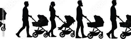 Black Silhouettes of Mothers and Fathers Walking with Baby Strollers Representing Modern Parenting Family Outing Healthy Lifestyle and Active Childhood Concepts