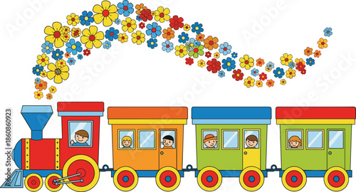 Colorful cartoon train with happy children and flower smoke trail, playful vector illustration for kids, education, and fun themes
