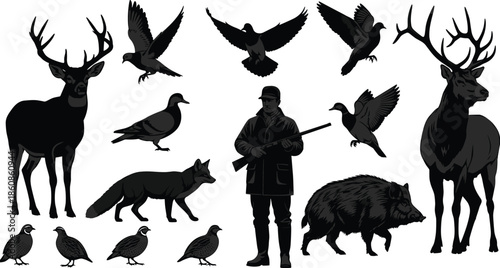 Comprehensive Collection of Hunting Season Silhouettes Featuring Hunter with Shotgun, Deer, Wild Boar, Fox, Ducks, and Game Birds Vector Illustration Set