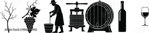 Comprehensive Winemaking Process Silhouette Icon Set Featuring Grapes Harvesting Vintner Pressing Fruit Wooden Barrel Bottle and Wine Glass Vector Illustration