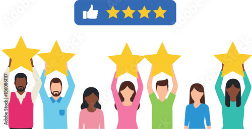 Diverse Group of People Holding Large Gold Stars with Five Star Rating Banner Representing Customer Feedback Business Reviews and Service Excellence