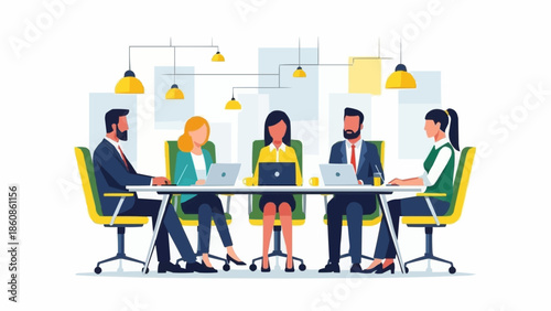 Diverse group of professionals collaborating in a modern office meeting room.