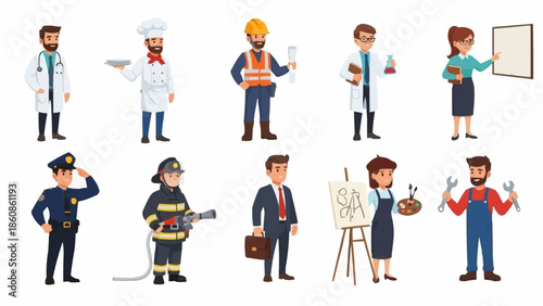 Diverse group of professionals in a cartoon illustration style.