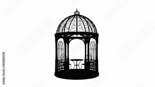 Elegant Black Silhouette of a Gazebo with a Table and Chairs.