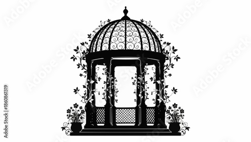 Elegant Black Silhouette of a Gazebo Covered in Vines.