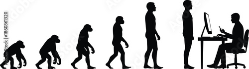 Human evolution silhouette transition from ape to upright man ending with a modern office worker at a computer desk station.