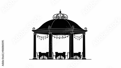 Elegant Gazebo Silhouette with Dining Tables and String Lights.