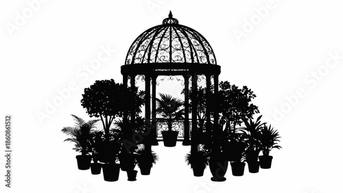 Elegant Greenhouse Structure Surrounded by Lush Potted Plants.