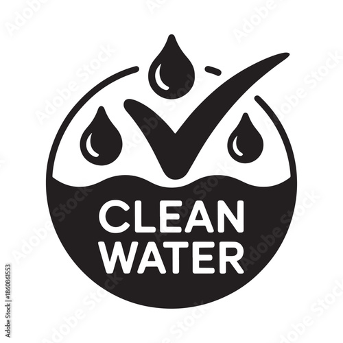 Clean water symbol featuring a checkmark water droplets and wave design