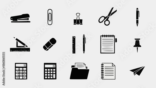 Essential Office and School Supplies Collection of Stationery Icons.